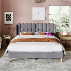 Lit Double 140 x 200 Cm - Lit Adult avec Chargement USB Type-C - Lin, MDF, Métal - Sans Matelas - Gris