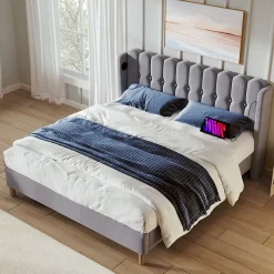 Lit Double 140 x 200 Cm - Lit Adult avec Chargement USB Type-C - Lin, MDF, Métal - Sans Matelas - Gris