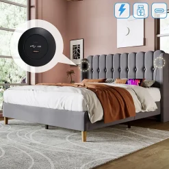 Lit Double 140 x 200 Cm - Lit Adult avec Chargement USB Type-C - Lin, MDF, Métal - Sans Matelas - Gris