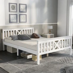 Lit double 140 x 200 cm - Lit classique avec tête de lit et sommier à lattes - Pin massif + MDF - Sans Matelas - Blanc