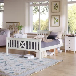 Lit double 140 x 200 cm - Lit classique avec tête de lit et sommier à lattes - Pin massif + MDF - Sans Matelas - Blanc