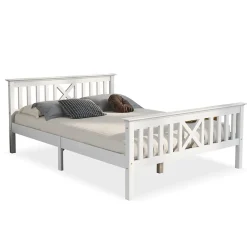 Lit double 140 x 200 cm - Lit classique avec tête de lit et sommier à lattes - Pin massif + MDF - Sans Matelas - Blanc