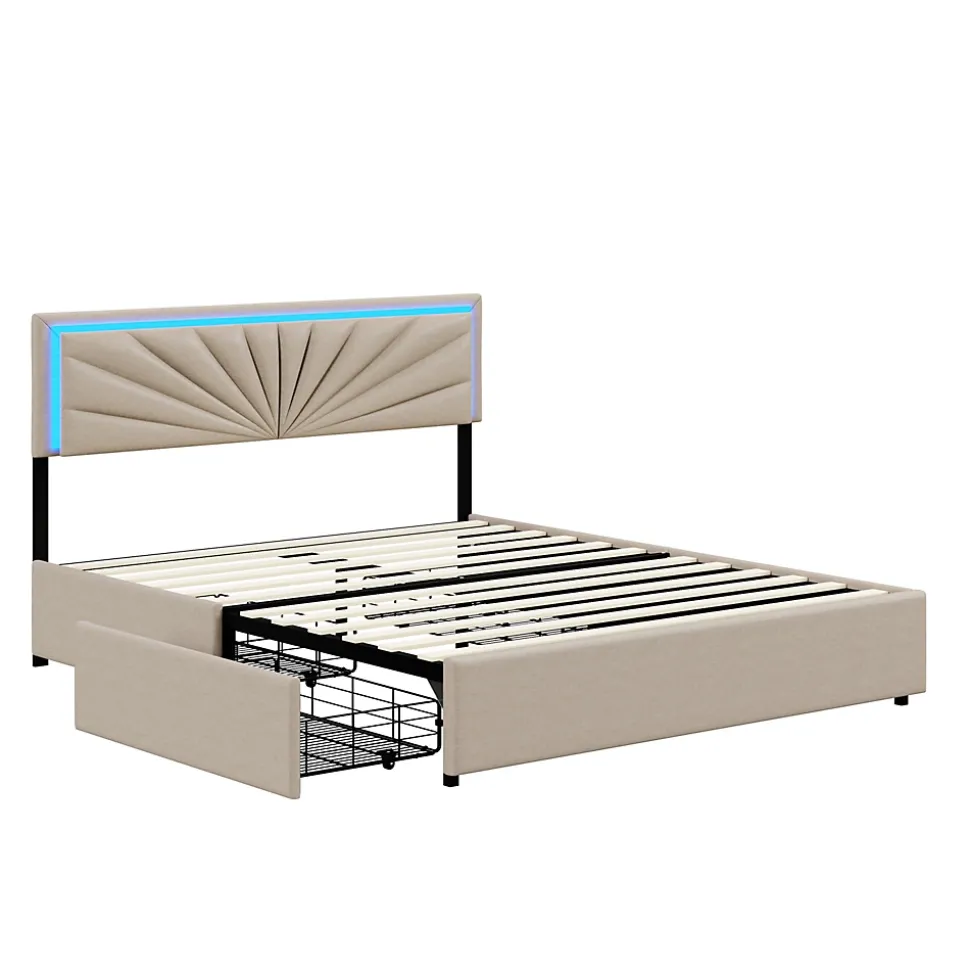 Lit Double 160 X 200 Cm Avec 4 Tiroirs, Cadre De Lit Avec LED Et Sommier à Lattes, Lin, Beige