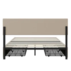 Lit Double 160 X 200 Cm Avec 4 Tiroirs, Cadre De Lit Avec LED Et Sommier à Lattes, Lin, Beige