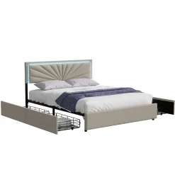 Lit Double 160 X 200 Cm Avec 4 Tiroirs, Cadre De Lit Avec LED Et Sommier à Lattes, Lin, Beige