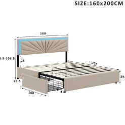 Lit Double 160 X 200 Cm Avec 4 Tiroirs, Cadre De Lit Avec LED Et Sommier à Lattes, Lin, Beige