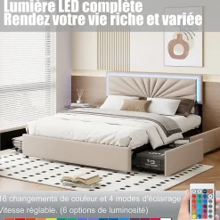 Lit Double 160 X 200 Cm Avec 4 Tiroirs, Cadre De Lit Avec LED Et Sommier à Lattes, Lin, Beige