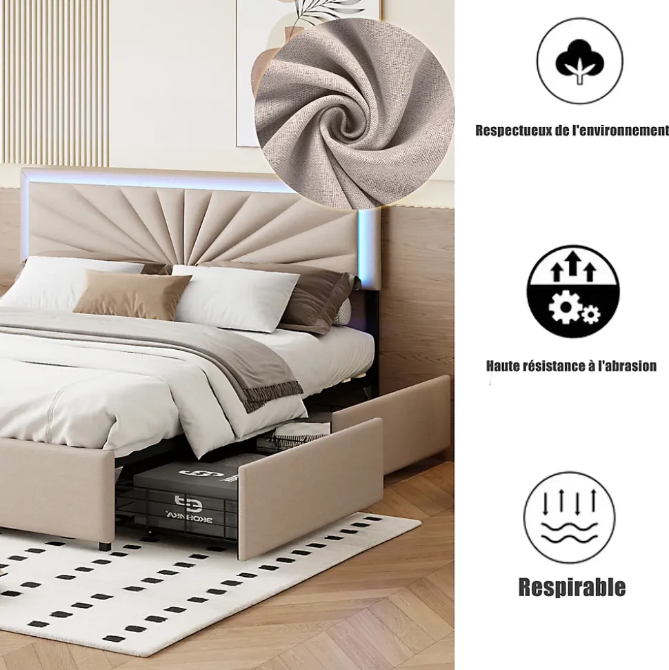 Lit Double 160 X 200 Cm Avec 4 Tiroirs, Cadre De Lit Avec LED Et Sommier à Lattes, Lin, Beige