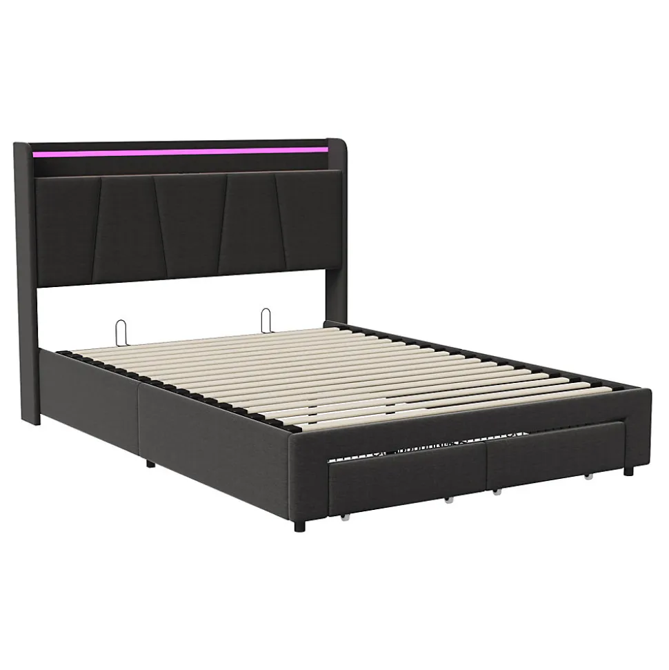 Lit Double 140 X 200 Cm Avec Éclairage LED, Prise USB, Rangement, Tête De Lit Capitonnée, Noir