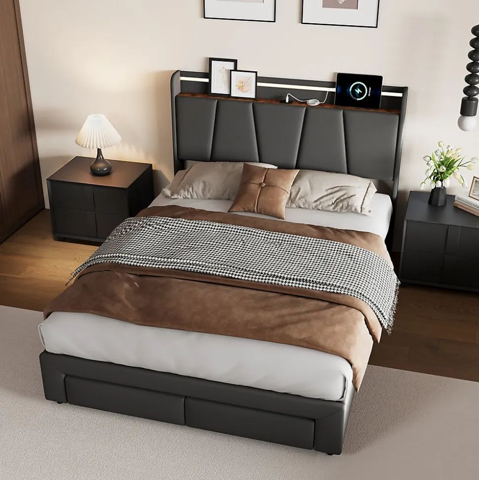 Lit Double 140 X 200 Cm Avec Éclairage LED, Prise USB, Rangement, Tête De Lit Capitonnée, Noir