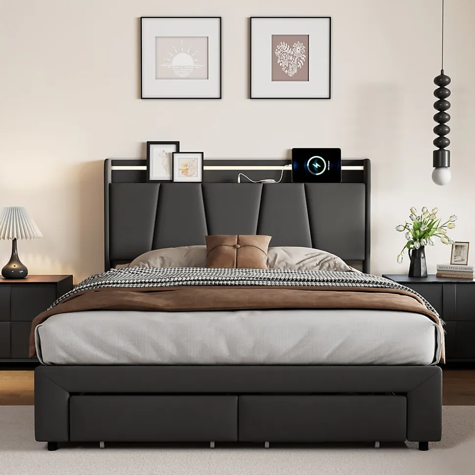 Lit Double 140 X 200 Cm Avec Éclairage LED, Prise USB, Rangement, Tête De Lit Capitonnée, Noir