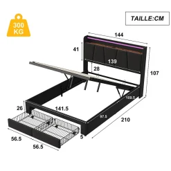 Lit Double 140 X 200 Cm Avec Éclairage LED, Prise USB, Rangement, Tête De Lit Capitonnée, Noir
