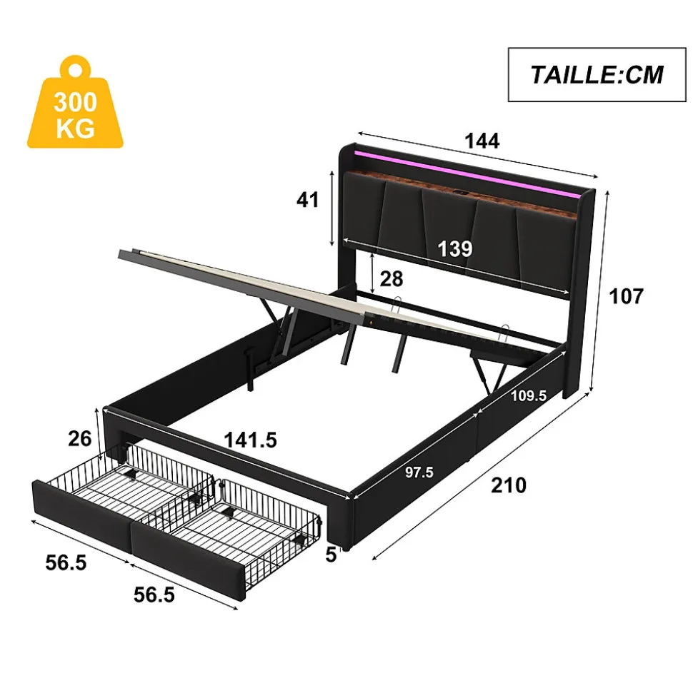 Lit Double 140 X 200 Cm Avec Éclairage LED, Prise USB, Rangement, Tête De Lit Capitonnée, Noir