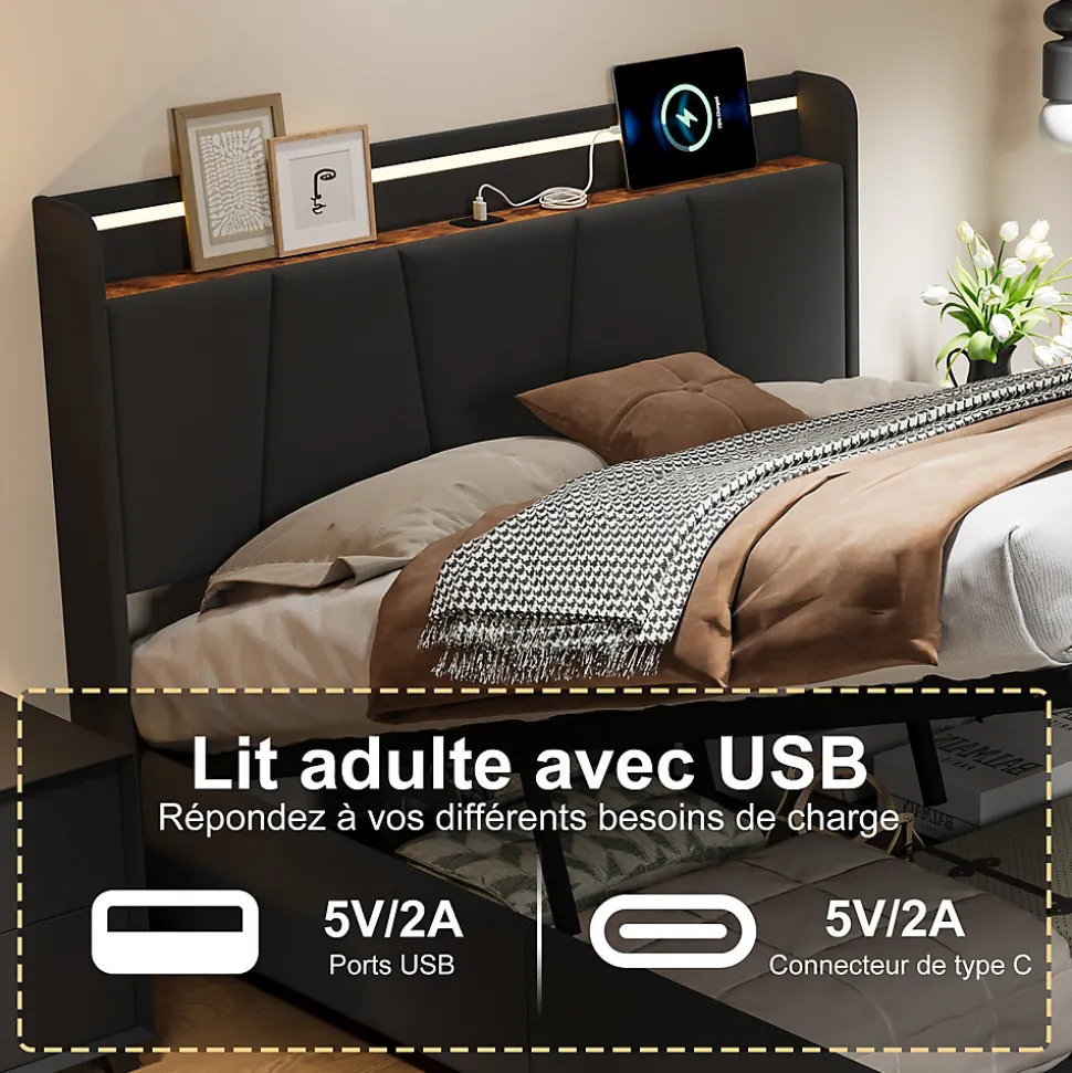Lit Double 140 X 200 Cm Avec Éclairage LED, Prise USB, Rangement, Tête De Lit Capitonnée, Noir