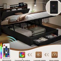 Lit Double 140 X 200 Cm Avec Éclairage LED, Prise USB, Rangement, Tête De Lit Capitonnée, Noir