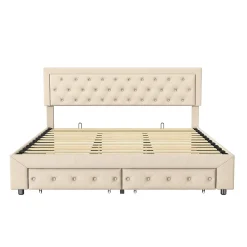 Lit Double 180 X 200 Cm Avec Coffre Et Tiroirs,velours,sommier à Lattes,lit Hydraulique, Beige