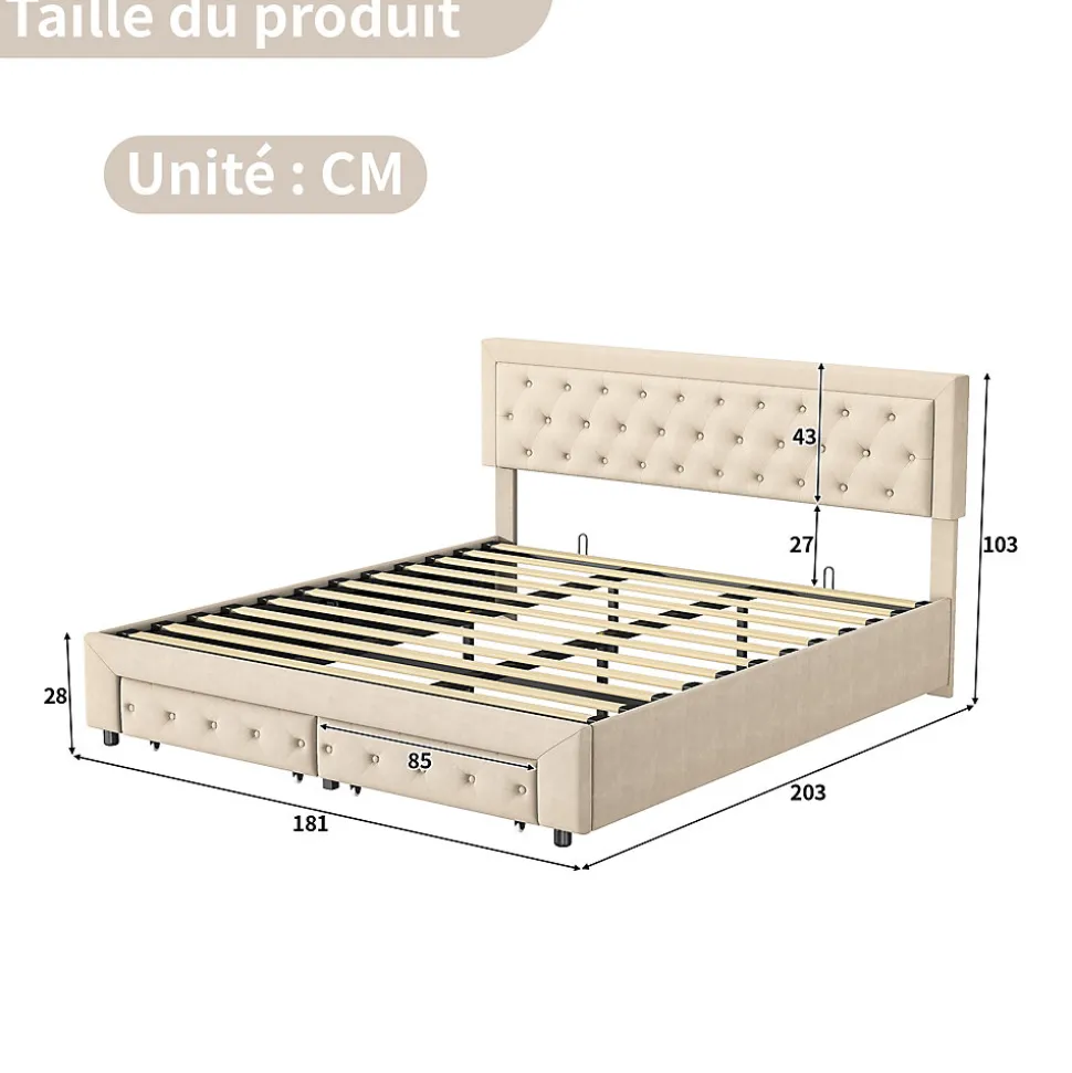 Lit Double 180 X 200 Cm Avec Coffre Et Tiroirs,velours,sommier à Lattes,lit Hydraulique, Beige