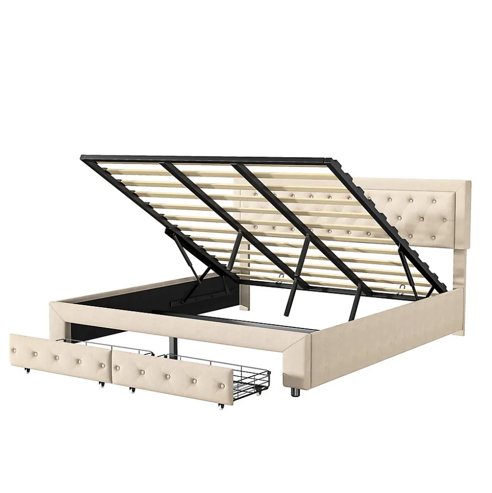 Lit Double 180 X 200 Cm Avec Coffre Et Tiroirs,velours,sommier à Lattes,lit Hydraulique, Beige