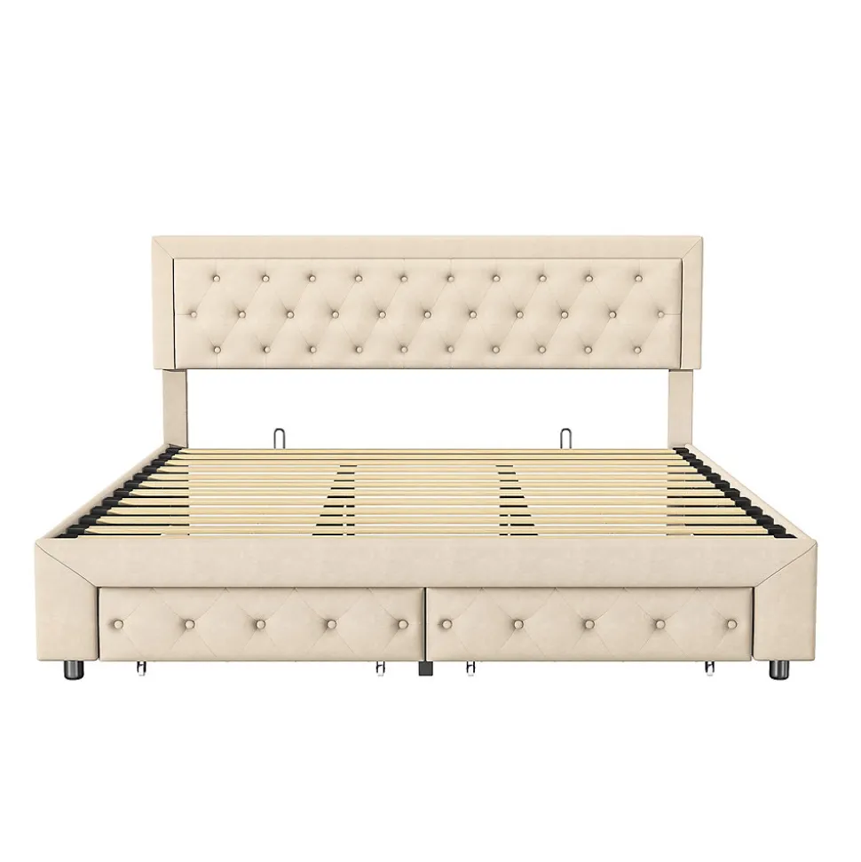 Lit Double 180 X 200 Cm Avec Coffre Et Tiroirs,velours,sommier à Lattes,lit Hydraulique, Beige