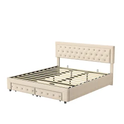 Lit Double 180 X 200 Cm Avec Coffre Et Tiroirs,velours,sommier à Lattes,lit Hydraulique, Beige