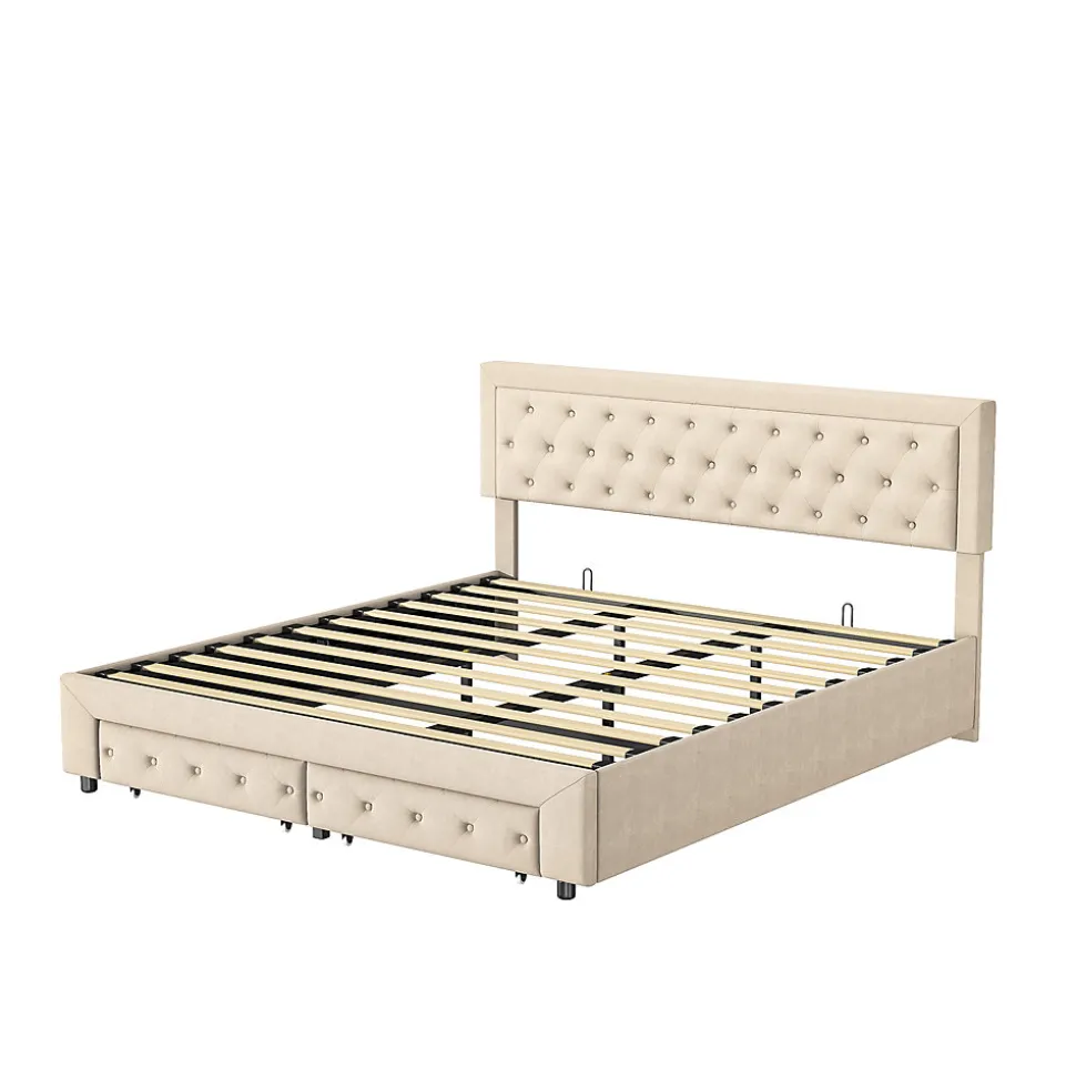 Lit Double 180 X 200 Cm Avec Coffre Et Tiroirs,velours,sommier à Lattes,lit Hydraulique, Beige