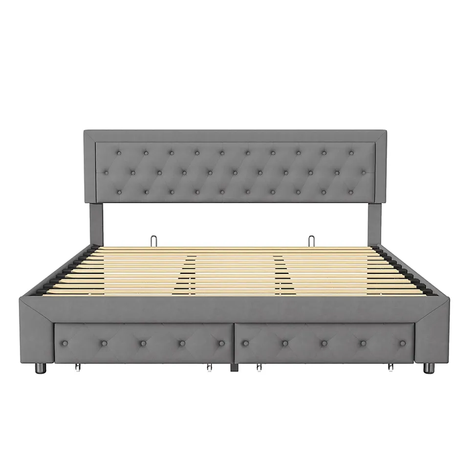 Lit Double 180 X 200 Cm Avec Coffre Et Tiroirs,velours,sommier à Lattes,lit Hydraulique, Gris