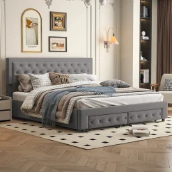 Lit Double 180 X 200 Cm Avec Coffre Et Tiroirs,velours,sommier à Lattes,lit Hydraulique, Gris