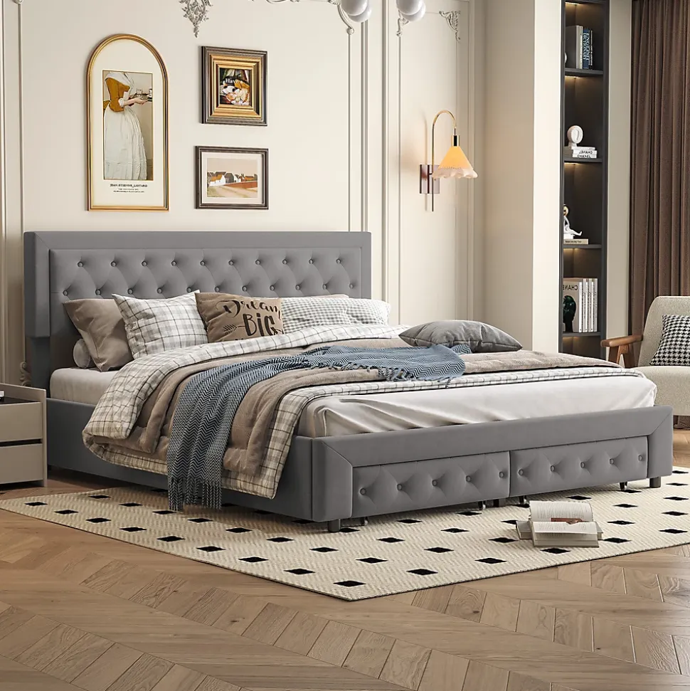 Lit Double 180 X 200 Cm Avec Coffre Et Tiroirs,velours,sommier à Lattes,lit Hydraulique, Gris