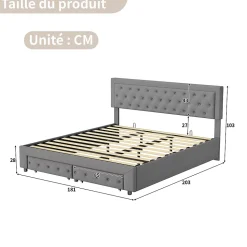 Lit Double 180 X 200 Cm Avec Coffre Et Tiroirs,velours,sommier à Lattes,lit Hydraulique, Gris