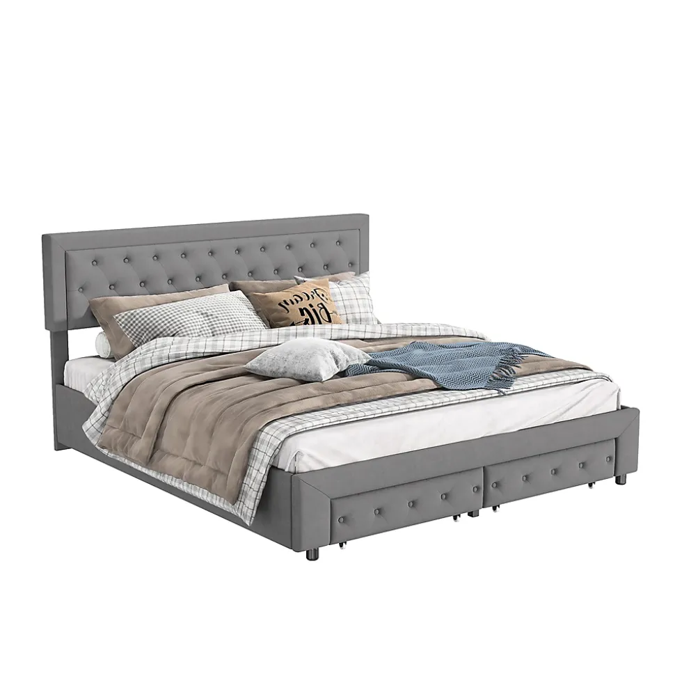 Lit Double 180 X 200 Cm Avec Coffre Et Tiroirs,velours,sommier à Lattes,lit Hydraulique, Gris