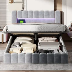 Lit double 180 x 200 cm avec espace de rangement, Lit coffre avec lumières LED et USB, Gris clair