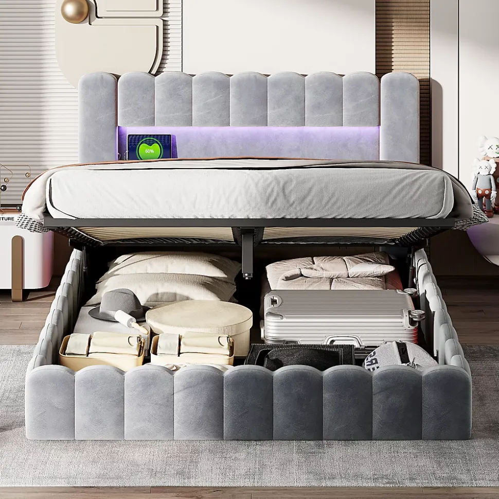 Lit double 180 x 200 cm avec espace de rangement, Lit coffre avec lumières LED et USB, Gris clair