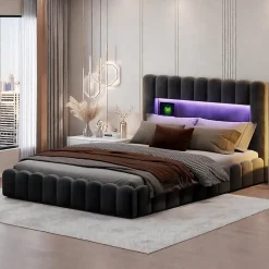 Lit double 180 x 200 cm avec espace de rangement, Lit coffre avec lumières LED et USB, Gris clair