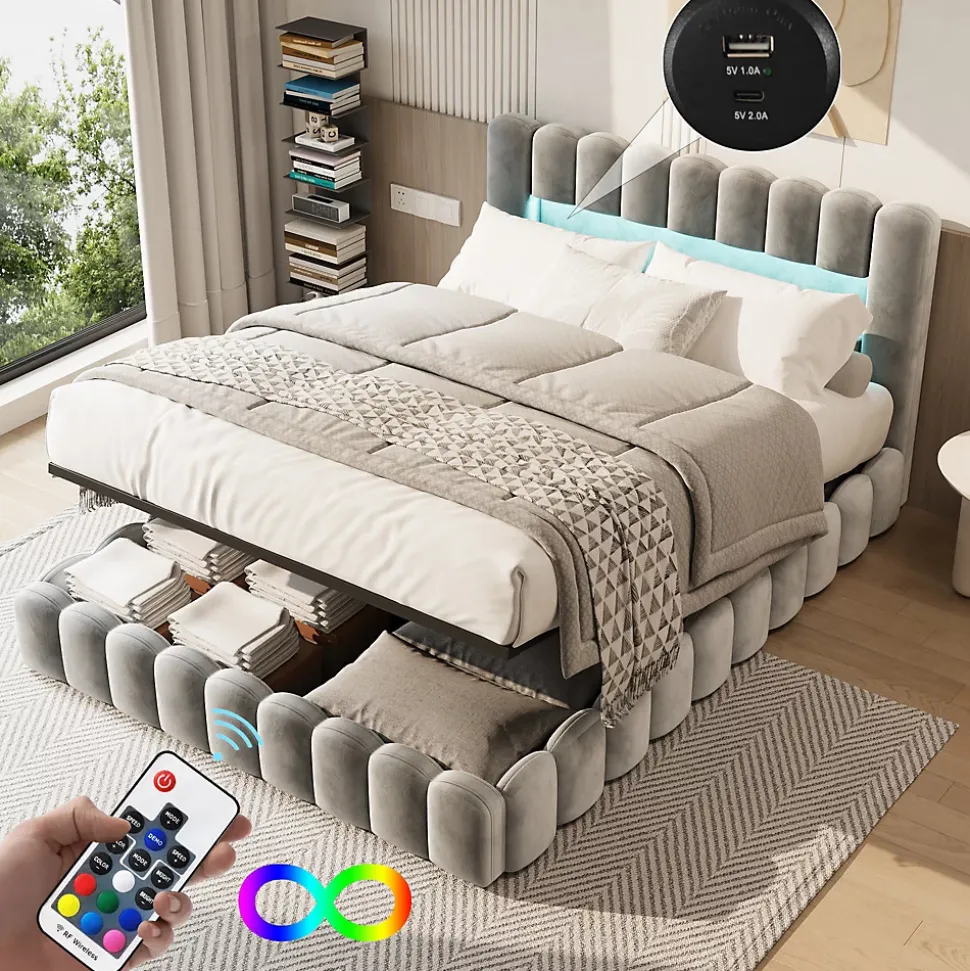 Lit double 180 x 200 cm avec espace de rangement, Lit coffre avec lumières LED et USB, Gris clair