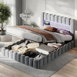 Lit double 180 x 200 cm avec espace de rangement, Lit coffre avec lumières LED et USB, Gris clair