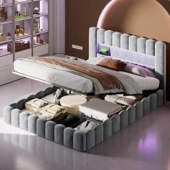 Lit double 180 x 200 cm avec espace de rangement, Lit coffre avec lumières LED et USB, Gris clair