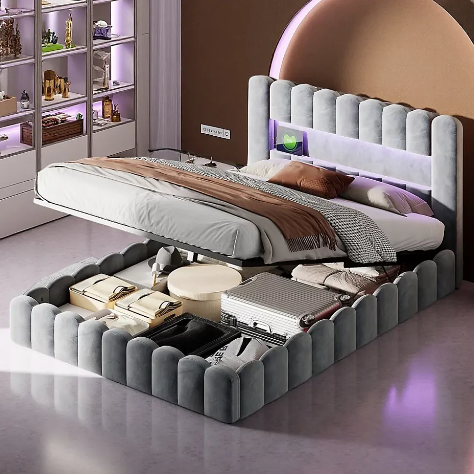 Lit double 180 x 200 cm avec espace de rangement, Lit coffre avec lumières LED et USB, Gris clair