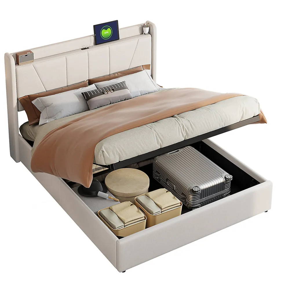 Lit Double 140 X 200 Cm Avec Port USB Et Compartiment De Rangement, Avec Tête De Lit, Beige