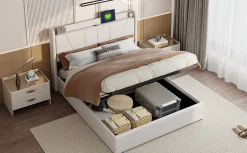 Lit Double 140 X 200 Cm Avec Port USB Et Compartiment De Rangement, Avec Tête De Lit, Beige