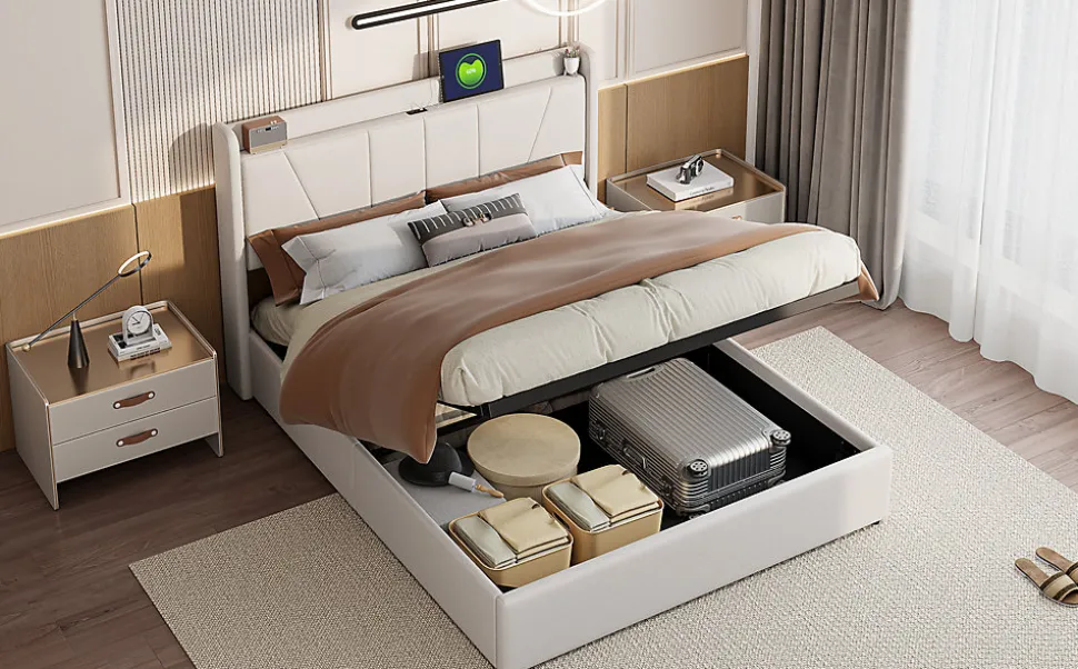 Lit Double 140 X 200 Cm Avec Port USB Et Compartiment De Rangement, Avec Tête De Lit, Beige