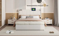 Lit Double 140 X 200 Cm Avec Port USB Et Compartiment De Rangement, Avec Tête De Lit, Beige