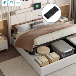 Lit Double 140 X 200 Cm Avec Port USB Et Compartiment De Rangement, Avec Tête De Lit, Beige
