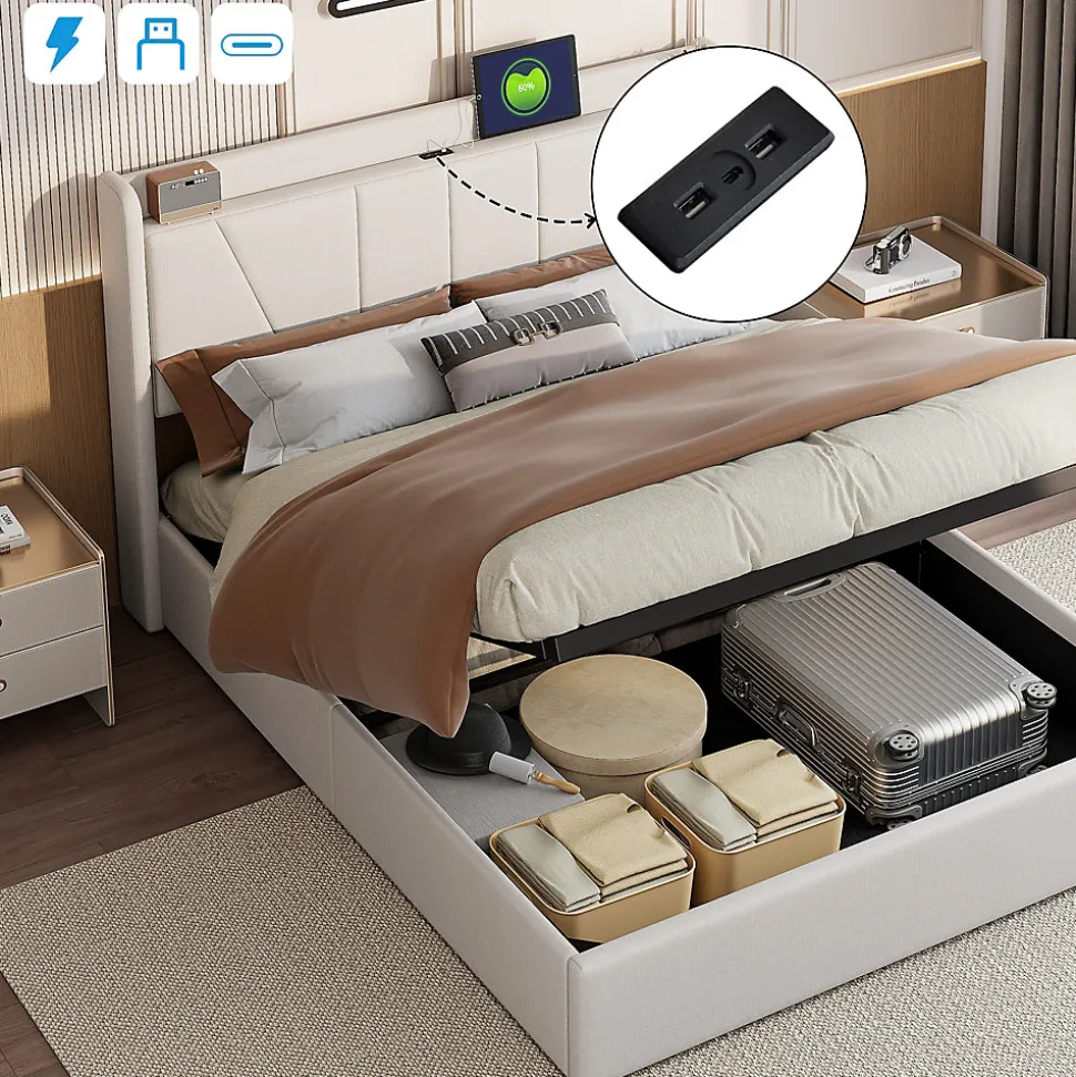 Lit Double 140 X 200 Cm Avec Port USB Et Compartiment De Rangement, Avec Tête De Lit, Beige