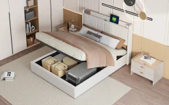 Lit Double 140 X 200 Cm Avec Port USB Et Compartiment De Rangement, Avec Tête De Lit, Beige