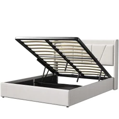 Lit Double 140 X 200 Cm Avec Port USB Et Compartiment De Rangement, Avec Tête De Lit, Beige