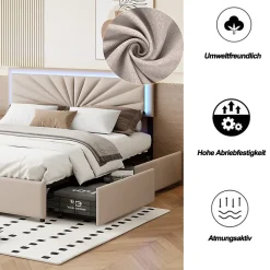 Lit Double 140 X 200 Cm, Rembourré Avec 4 Tiroirs Et LED, Sommier à Lattes, Lin Beige