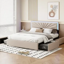 Lit Double 160 X 200 Cm, Rembourré Avec 4 Tiroirs Et LED, Sommier à Lattes, Lin Beige