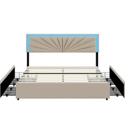 Lit Double 160 X 200 Cm, Rembourré Avec 4 Tiroirs Et LED, Sommier à Lattes, Lin Beige