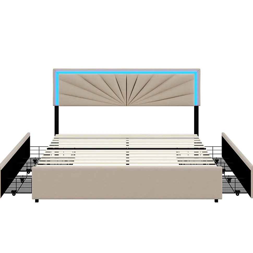 Lit Double 160 X 200 Cm, Rembourré Avec 4 Tiroirs Et LED, Sommier à Lattes, Lin Beige