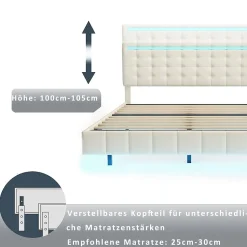 Lit double 160 x 200 cm, sommier tapissier flottant, avec LED, lin, beige